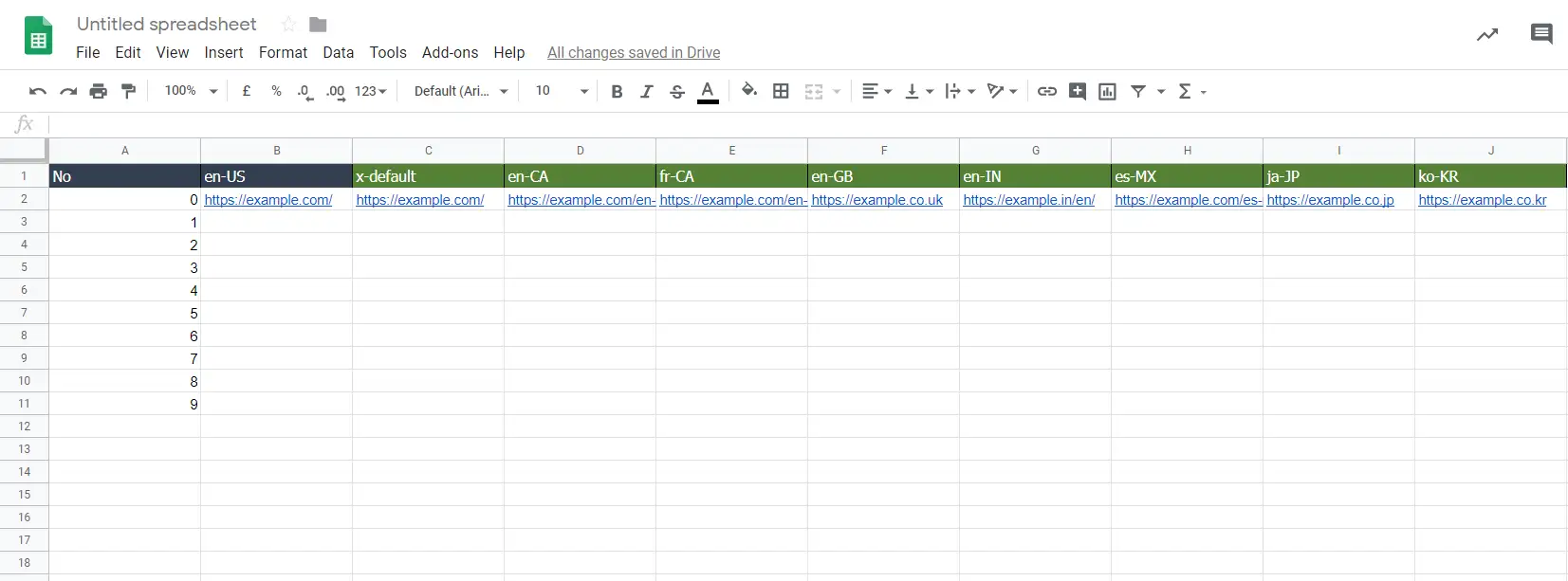 Sample Hreflang URL mapping table in Google Sheets